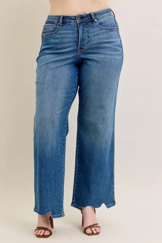 Judy Blue Tummy Control Wide - Leg Jeans - High Waist Medium Blue - AMVIM