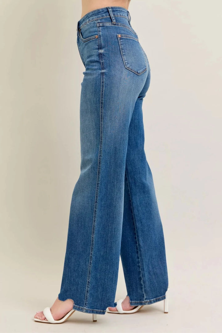 Judy Blue Tummy Control Wide - Leg Jeans - High Waist Medium Blue - AMVIM