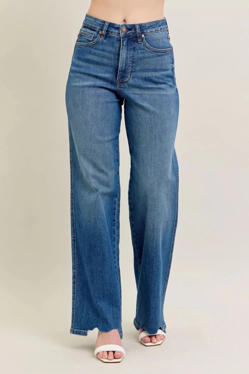 Judy Blue Tummy Control Wide - Leg Jeans - High Waist Medium Blue - AMVIM