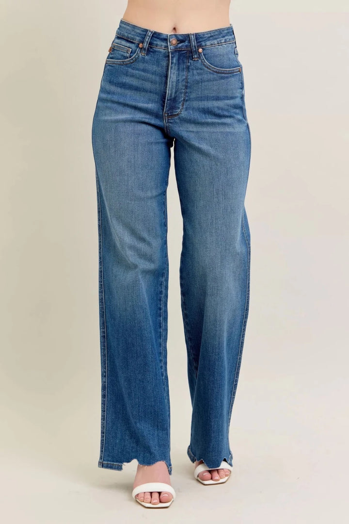 Judy Blue Tummy Control Wide - Leg Jeans - High Waist Medium Blue - AMVIM