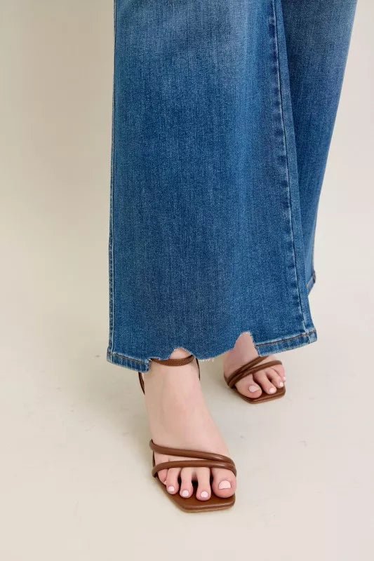 Judy Blue Tummy Control Wide - Leg Jeans - High Waist Medium Blue - AMVIM