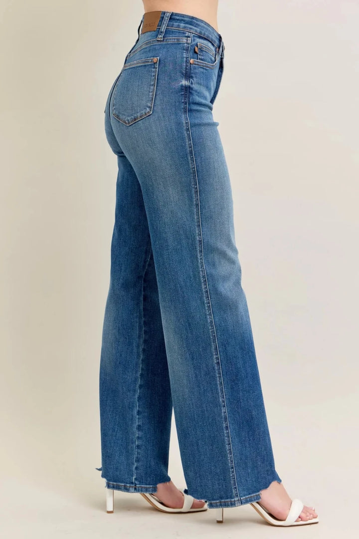 Judy Blue Tummy Control Wide - Leg Jeans - High Waist Medium Blue - AMVIM