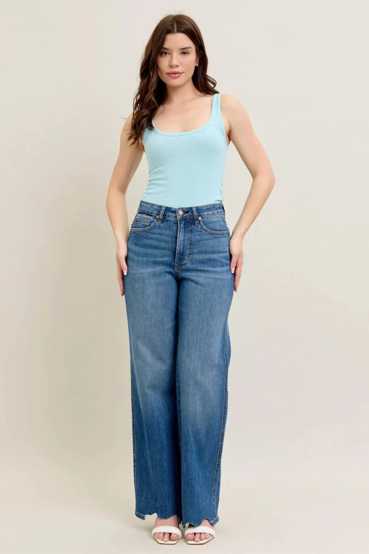 Judy Blue Tummy Control Wide - Leg Jeans - High Waist Medium Blue - AMVIM