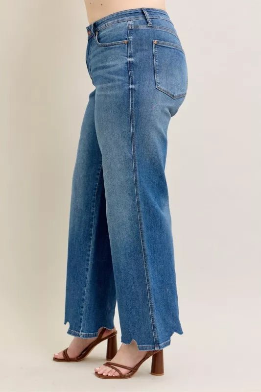 Judy Blue Tummy Control Wide - Leg Jeans - High Waist Medium Blue - AMVIM