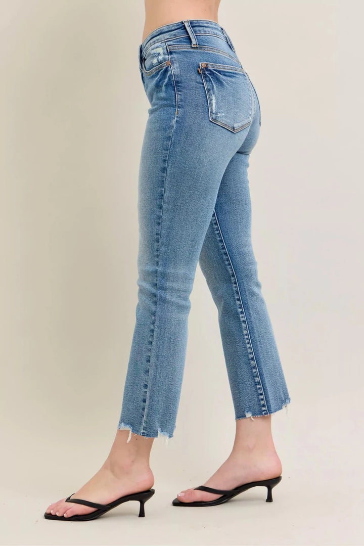 Judy Blue Vintage Wash Distressed Hem Kick Flare Jeans - AMVIM