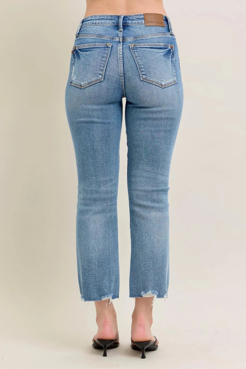 Judy Blue Vintage Wash Distressed Hem Kick Flare Jeans - AMVIM