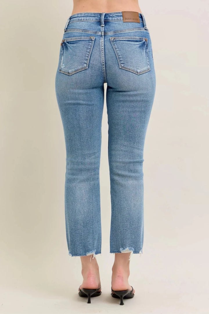 Judy Blue Vintage Wash Distressed Hem Kick Flare Jeans - AMVIM