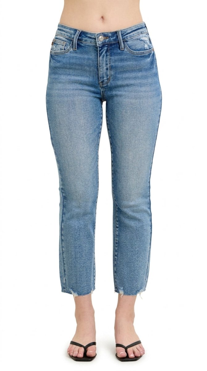 Judy Blue Vintage Wash Distressed Hem Kick Flare Jeans - AMVIM
