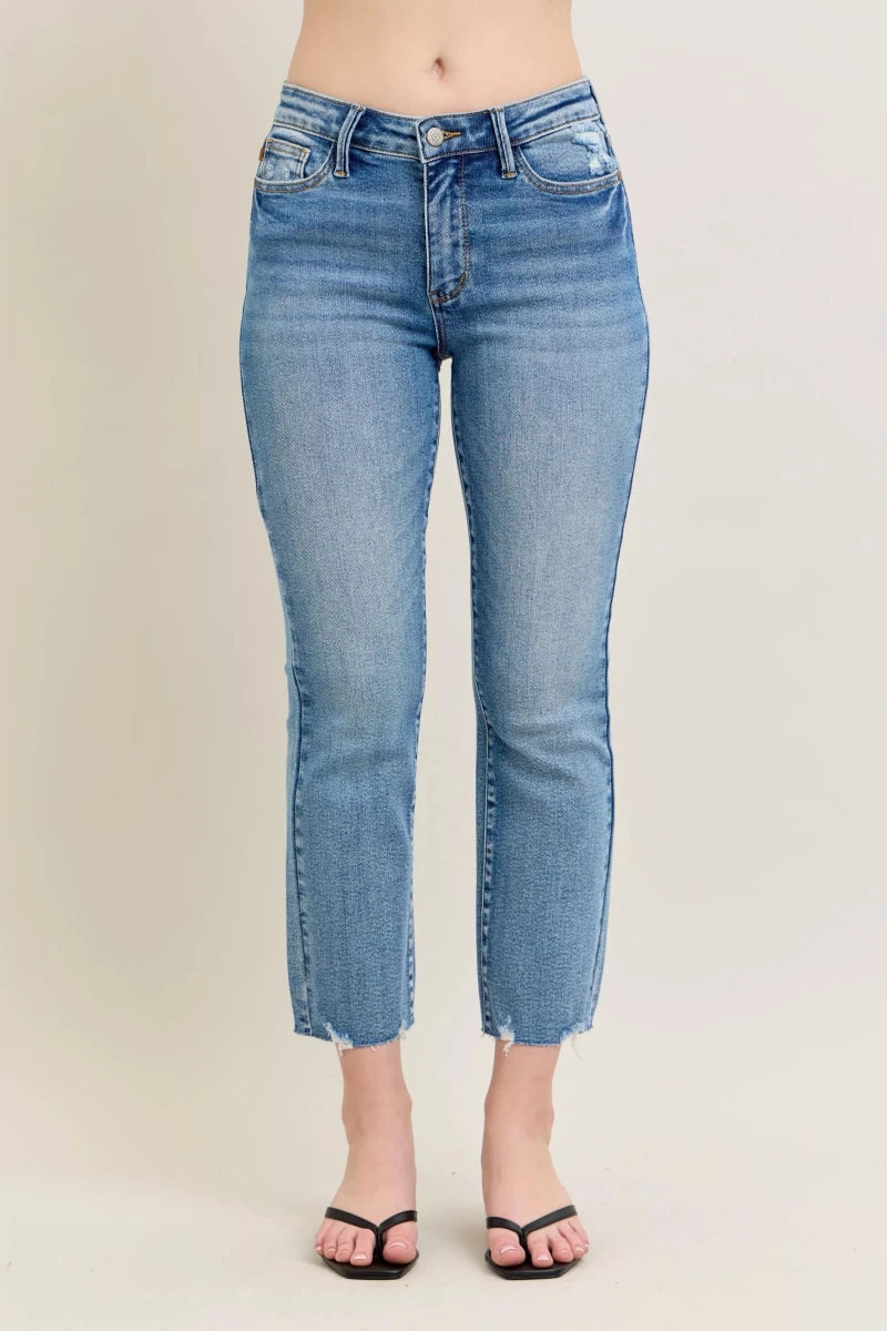Judy Blue Vintage Wash Distressed Hem Kick Flare Jeans - AMVIM