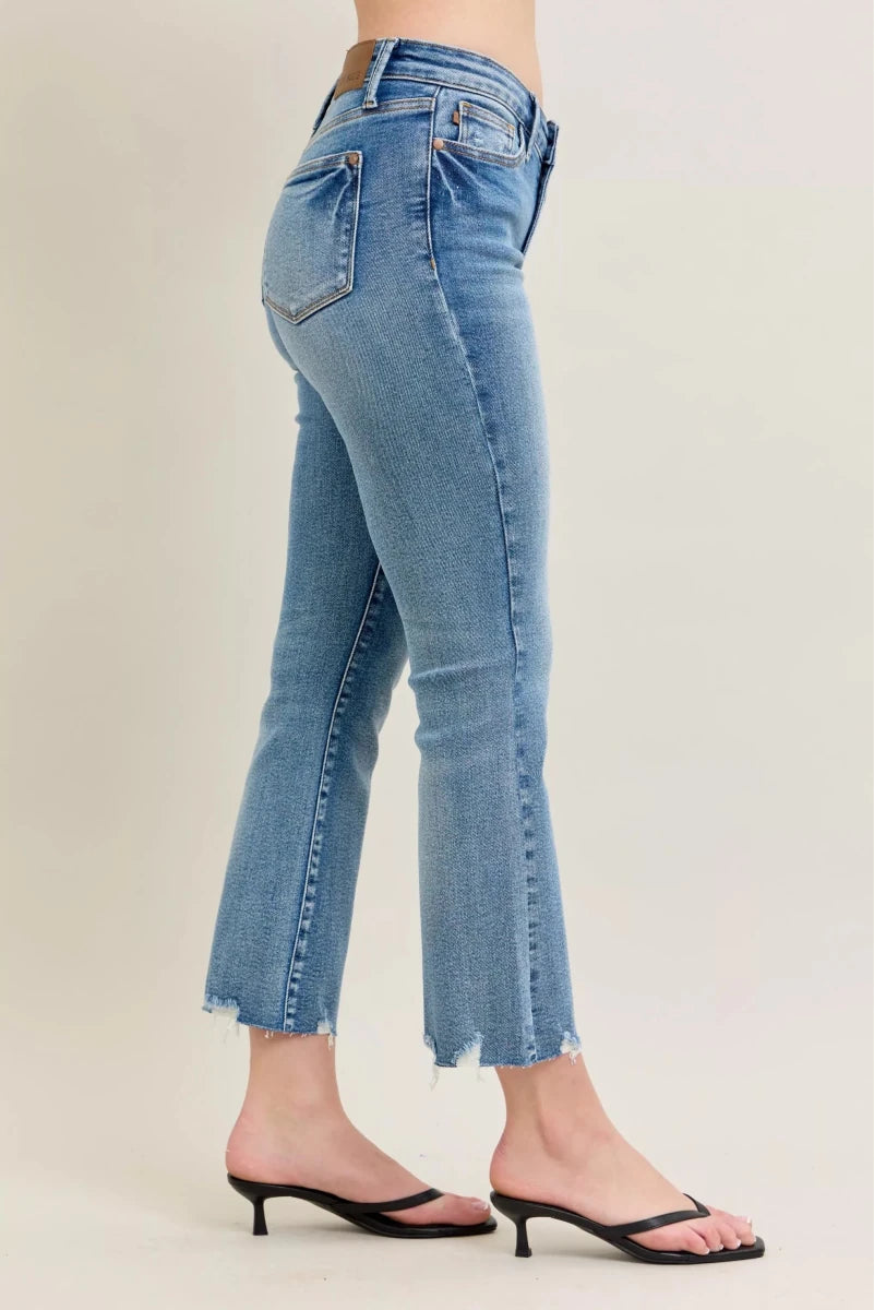 Judy Blue Vintage Wash Distressed Hem Kick Flare Jeans - AMVIM