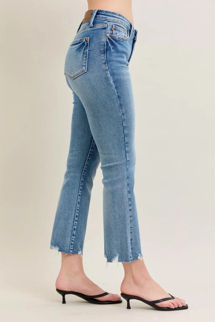 Judy Blue Vintage Wash Distressed Hem Kick Flare Jeans - AMVIM