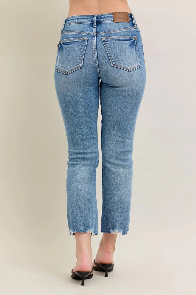 Judy Blue Vintage Wash Distressed Hem Kick Flare Jeans - AMVIM