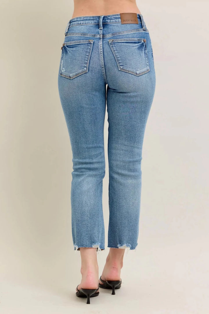 Judy Blue Vintage Wash Distressed Hem Kick Flare Jeans - AMVIM
