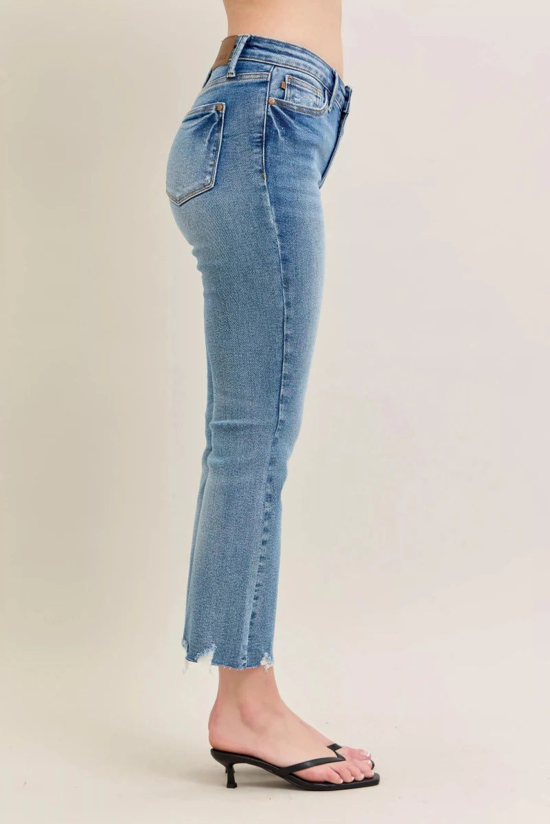 Judy Blue Vintage Wash Distressed Hem Kick Flare Jeans - AMVIM