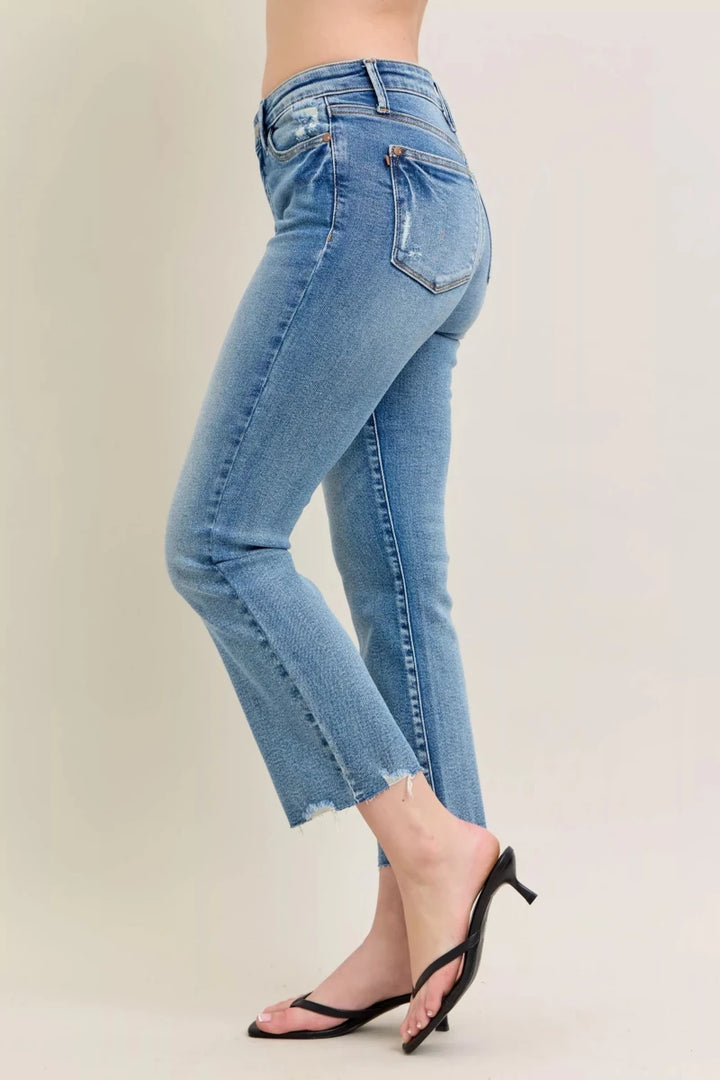 Judy Blue Vintage Wash Distressed Hem Kick Flare Jeans - AMVIM