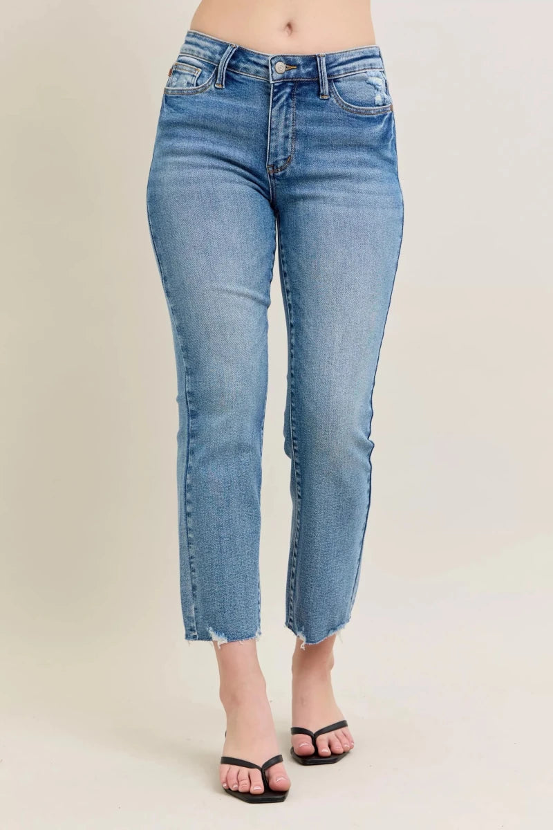 Judy Blue Vintage Wash Distressed Hem Kick Flare Jeans - AMVIM