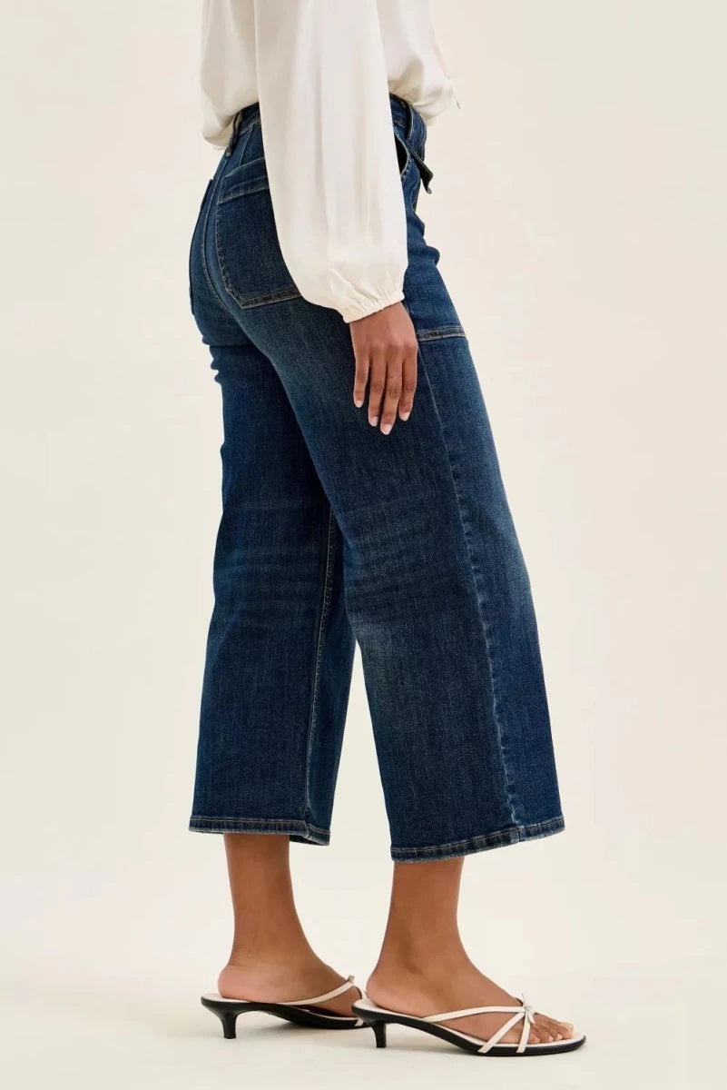 Judy Blue Wide Crop Utility Jeans - High Waist Dark Blue - AMVIM