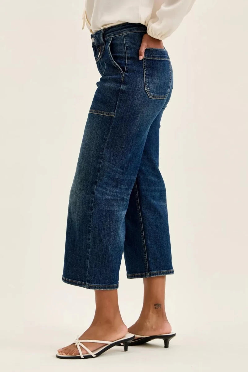 Judy Blue Wide Crop Utility Jeans - High Waist Dark Blue - AMVIM