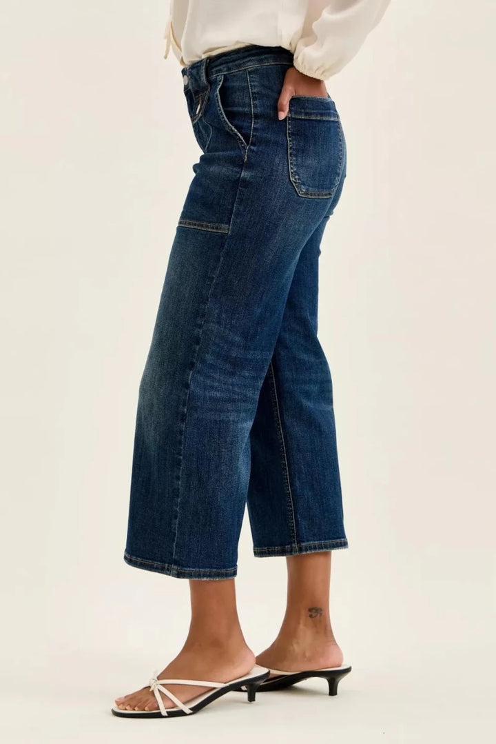 Judy Blue Wide Crop Utility Jeans - High Waist Dark Blue - AMVIM