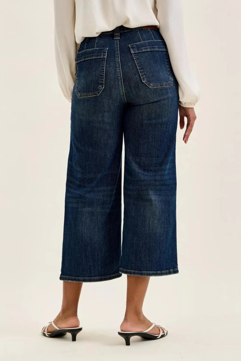 Judy Blue Wide Crop Utility Jeans - High Waist Dark Blue - AMVIM