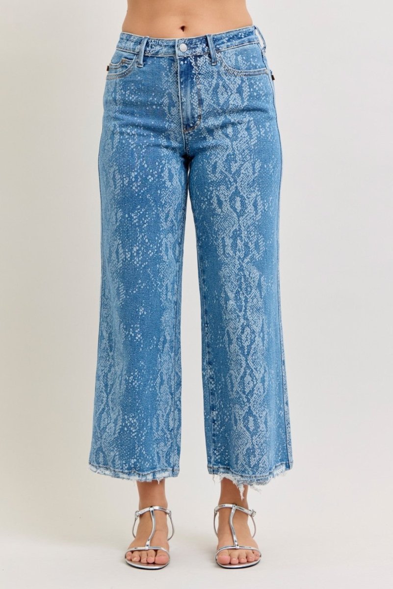 Judy Blue Wide - Leg Cotton Jeans - High Waist Ankle Printed - AMVIM