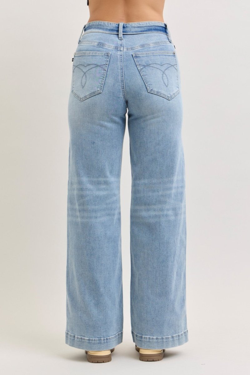 Judy Blue Wide - Leg Cotton Jeans - Mid Rise Retro Light Blue - AMVIM