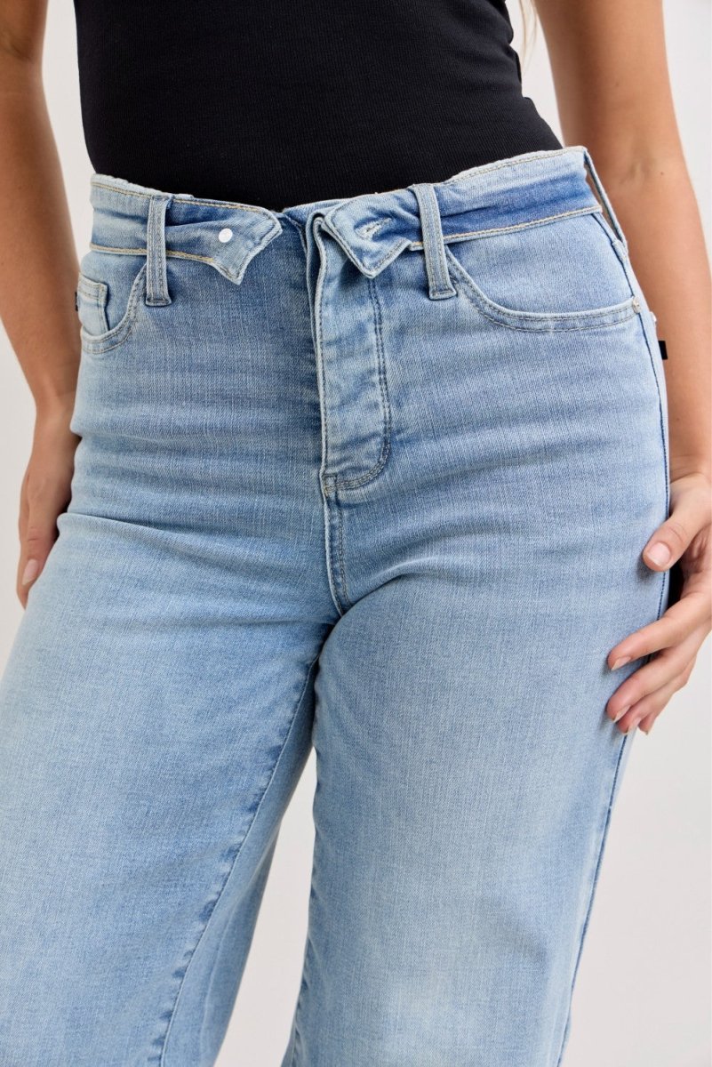 Judy Blue Wide - Leg Cotton Jeans - Mid Rise Retro Light Blue - AMVIM
