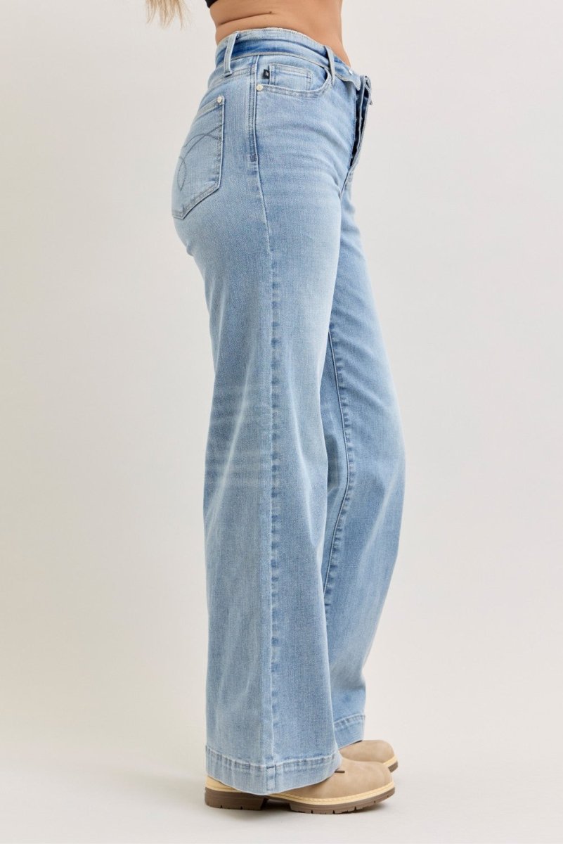 Judy Blue Wide - Leg Cotton Jeans - Mid Rise Retro Light Blue - AMVIM