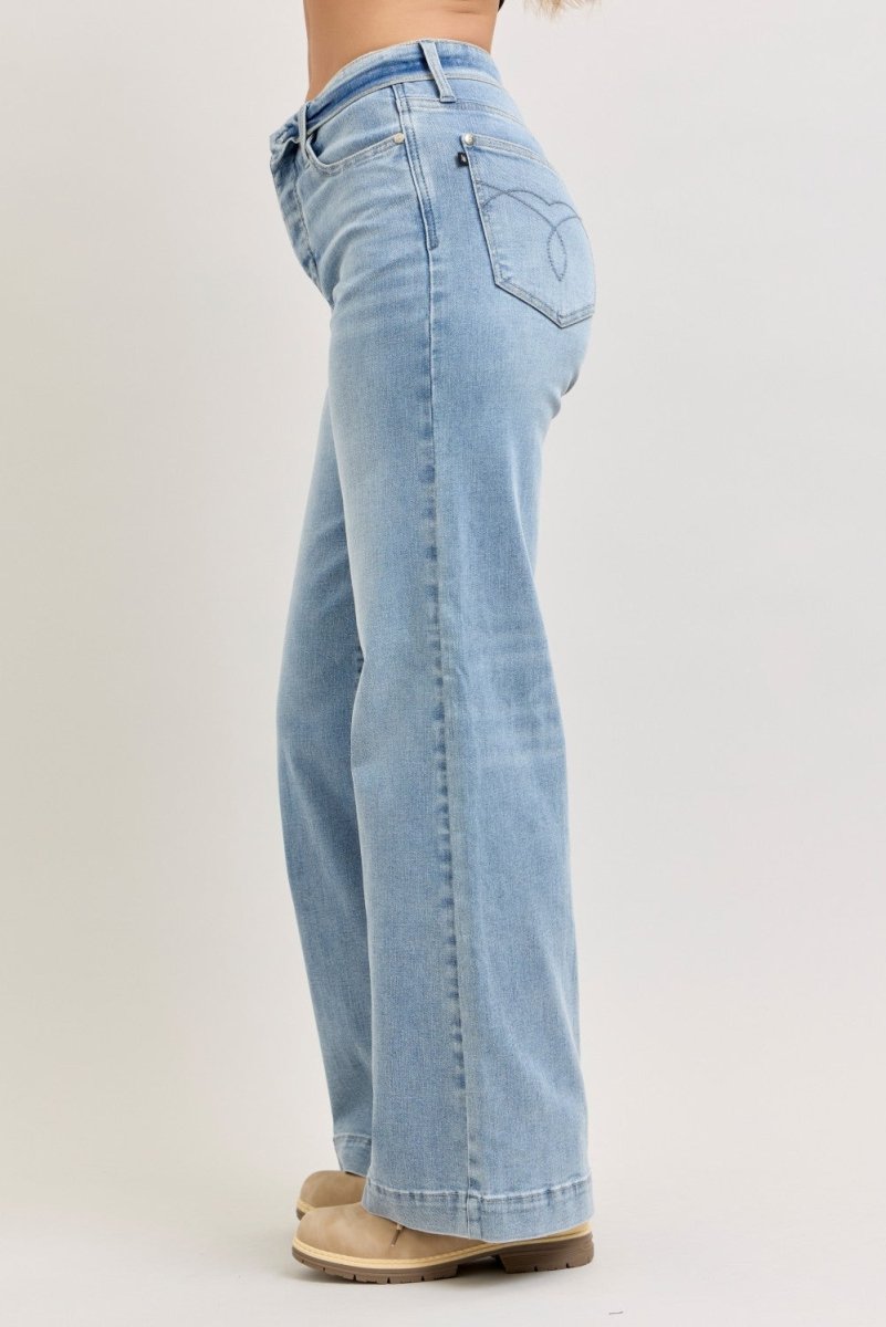 Judy Blue Wide - Leg Cotton Jeans - Mid Rise Retro Light Blue - AMVIM