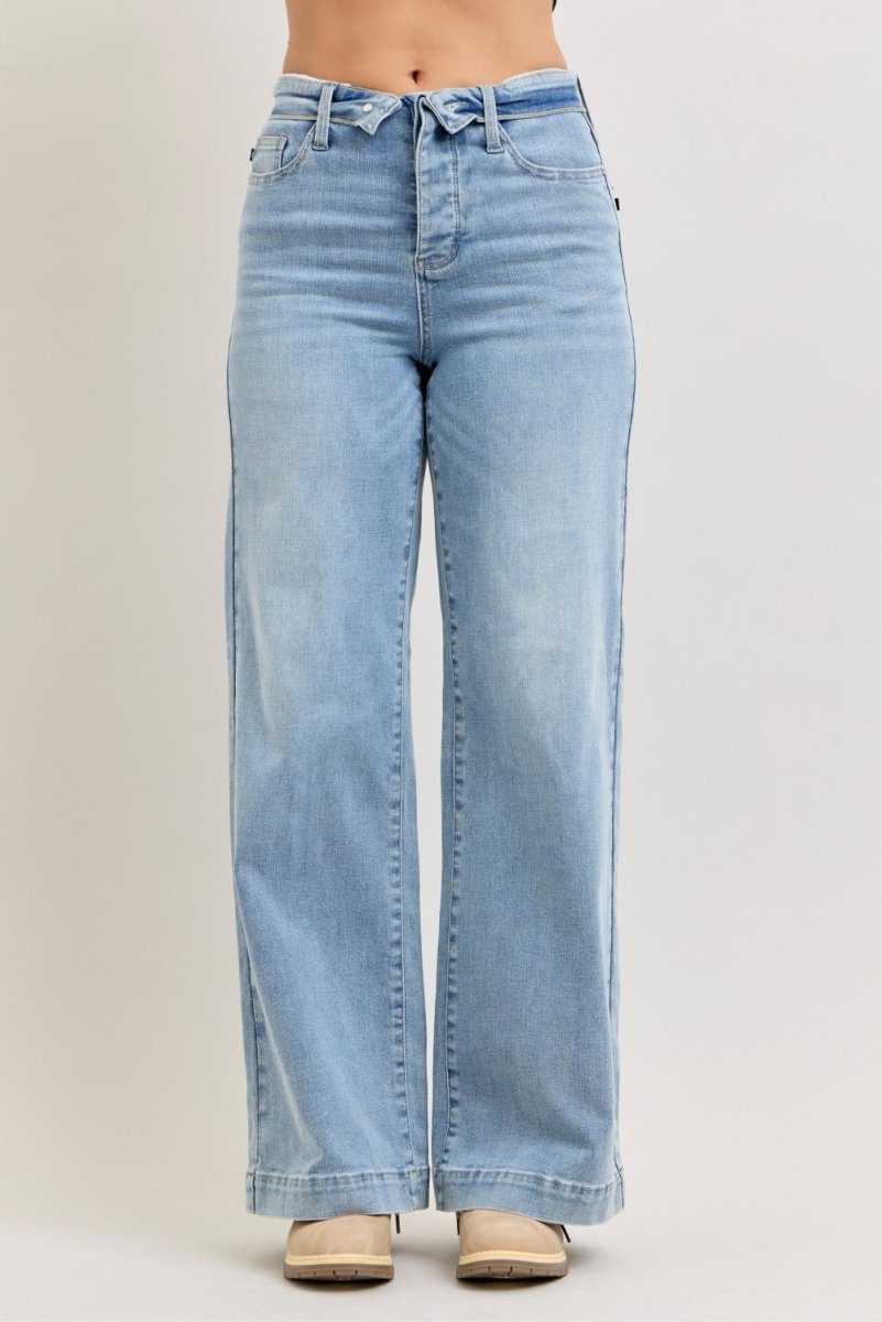Judy Blue Wide - Leg Cotton Jeans - Mid Rise Retro Light Blue - AMVIM