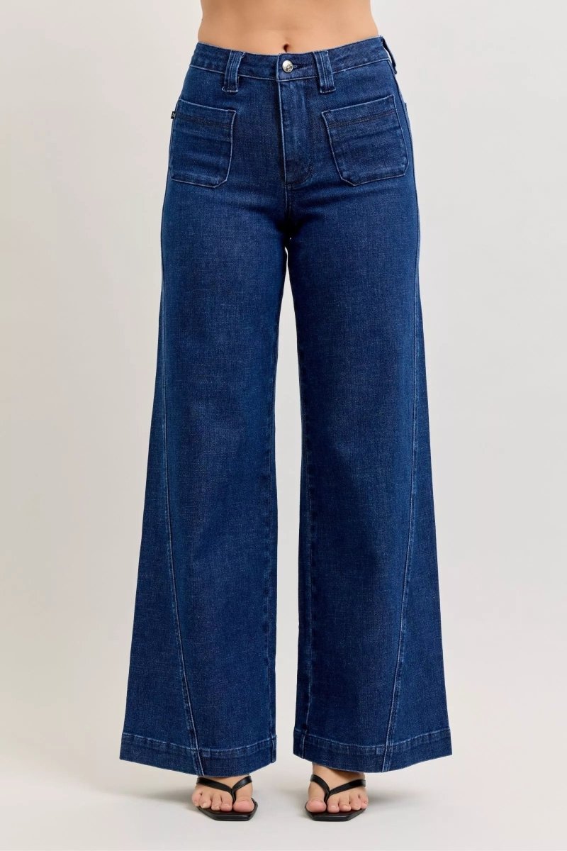 Judy Blue Wide - Leg Denim Jeans - High Waist Dark Blue - AMVIM