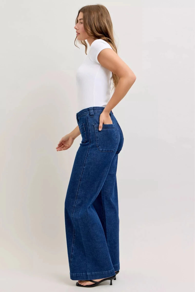 Judy Blue Wide - Leg Denim Jeans - High Waist Dark Blue - AMVIM