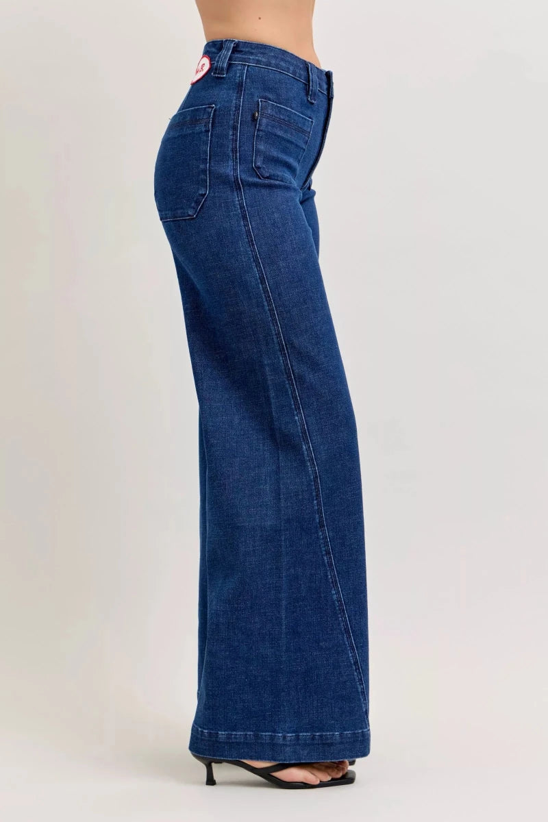 Judy Blue Wide - Leg Denim Jeans - High Waist Dark Blue - AMVIM