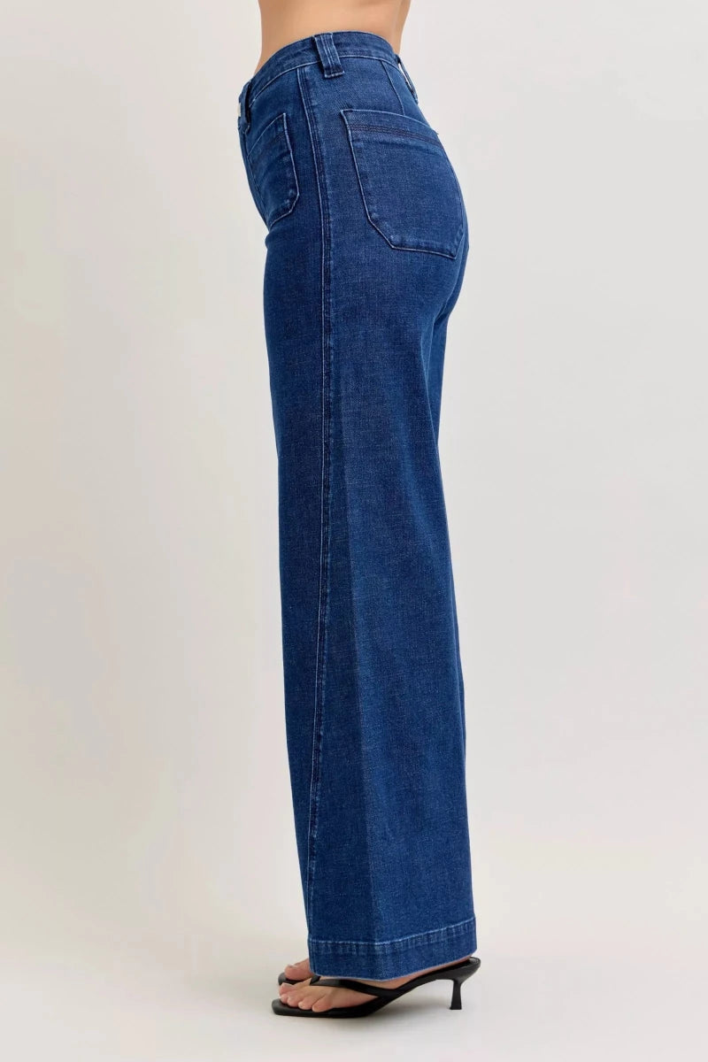 Judy Blue Wide - Leg Denim Jeans - High Waist Dark Blue - AMVIM