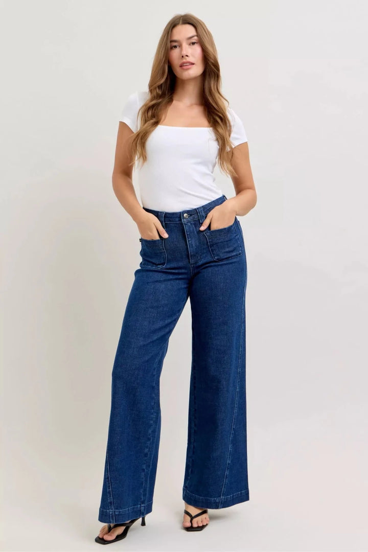 Judy Blue Wide - Leg Denim Jeans - High Waist Dark Blue - AMVIM
