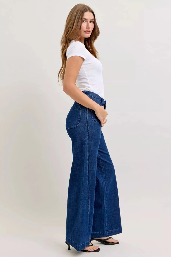 Judy Blue Wide - Leg Denim Jeans - High Waist Dark Blue - AMVIM