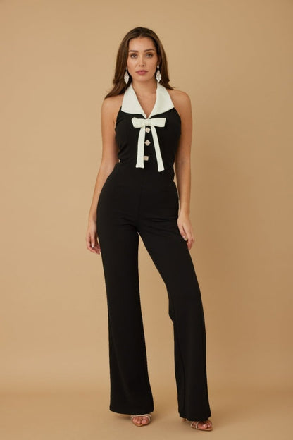 Jumpsuit Black Halter Contrast Collar Bow Detail – Flare Leg - AMVIM