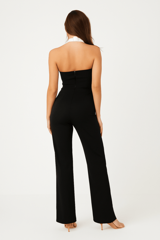 Jumpsuit Black Halter Contrast Collar Bow Detail – Flare Leg - AMVIM