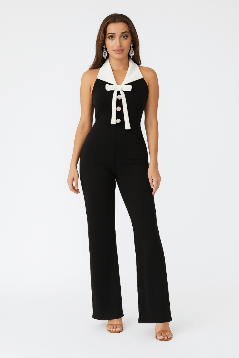 Jumpsuit Black Halter Contrast Collar Bow Detail – Flare Leg - AMVIM
