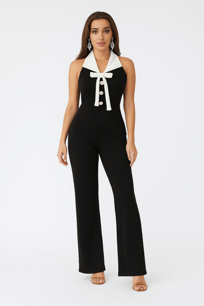 Jumpsuit Black Halter Contrast Collar Bow Detail – Flare Leg - AMVIM