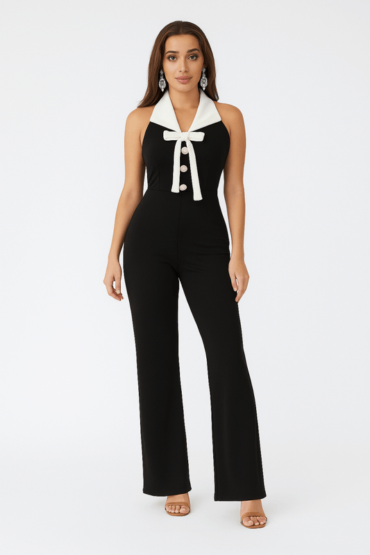 Jumpsuit Black Halter Contrast Collar Bow Detail – Flare Leg - AMVIM
