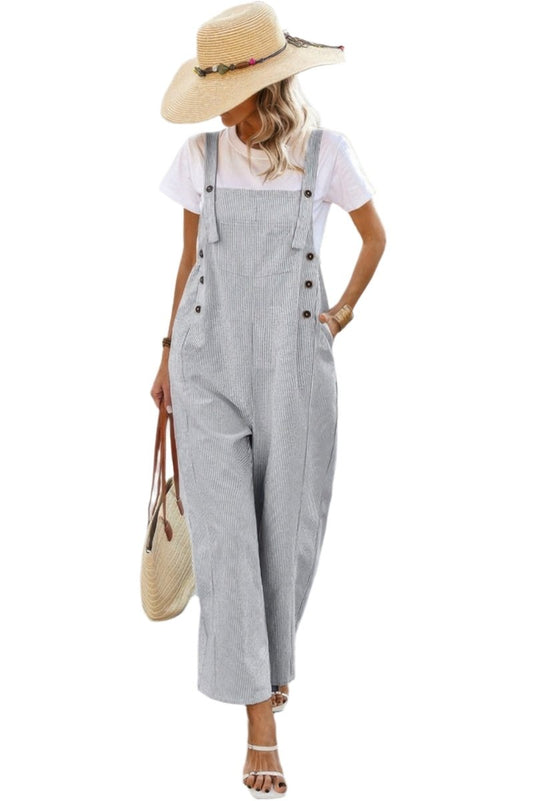 Jumpsuit square neck button trim cotton casual pockets - AMVIM
