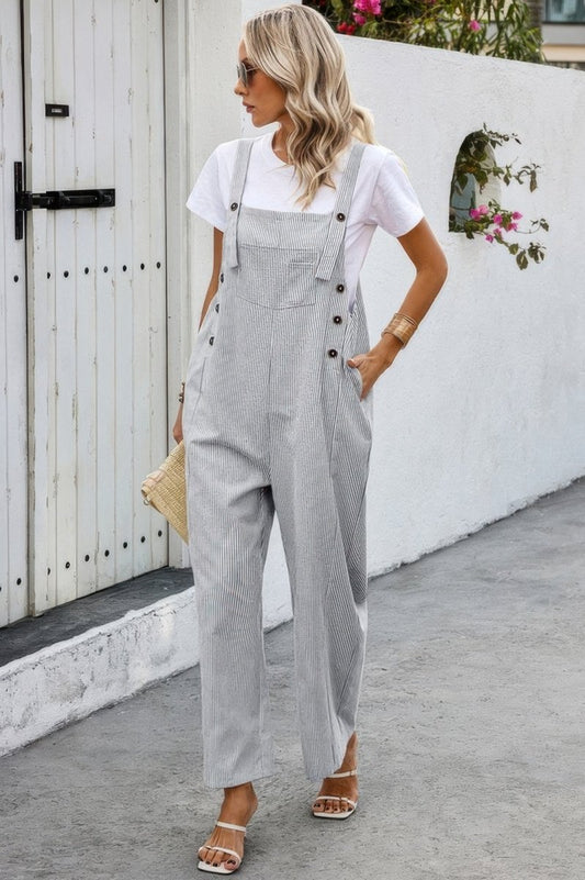 Jumpsuit square neck button trim cotton casual pockets - AMVIM