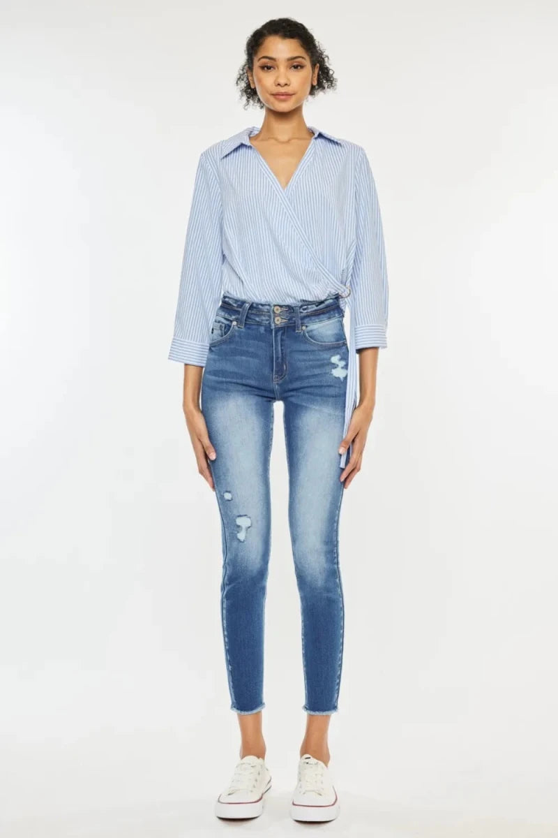 Kancan Distressed High Waist Raw Hem Jeans - AMVIM
