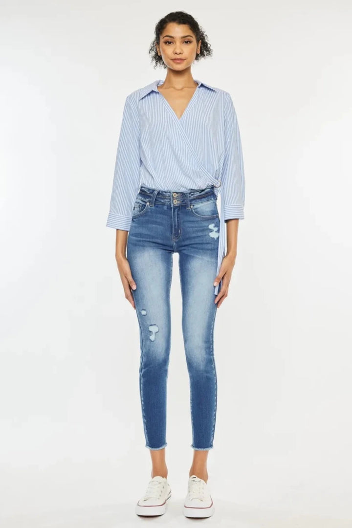 Kancan Distressed High Waist Raw Hem Jeans - AMVIM