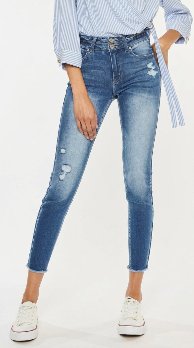 Kancan Distressed High Waist Raw Hem Jeans - AMVIM