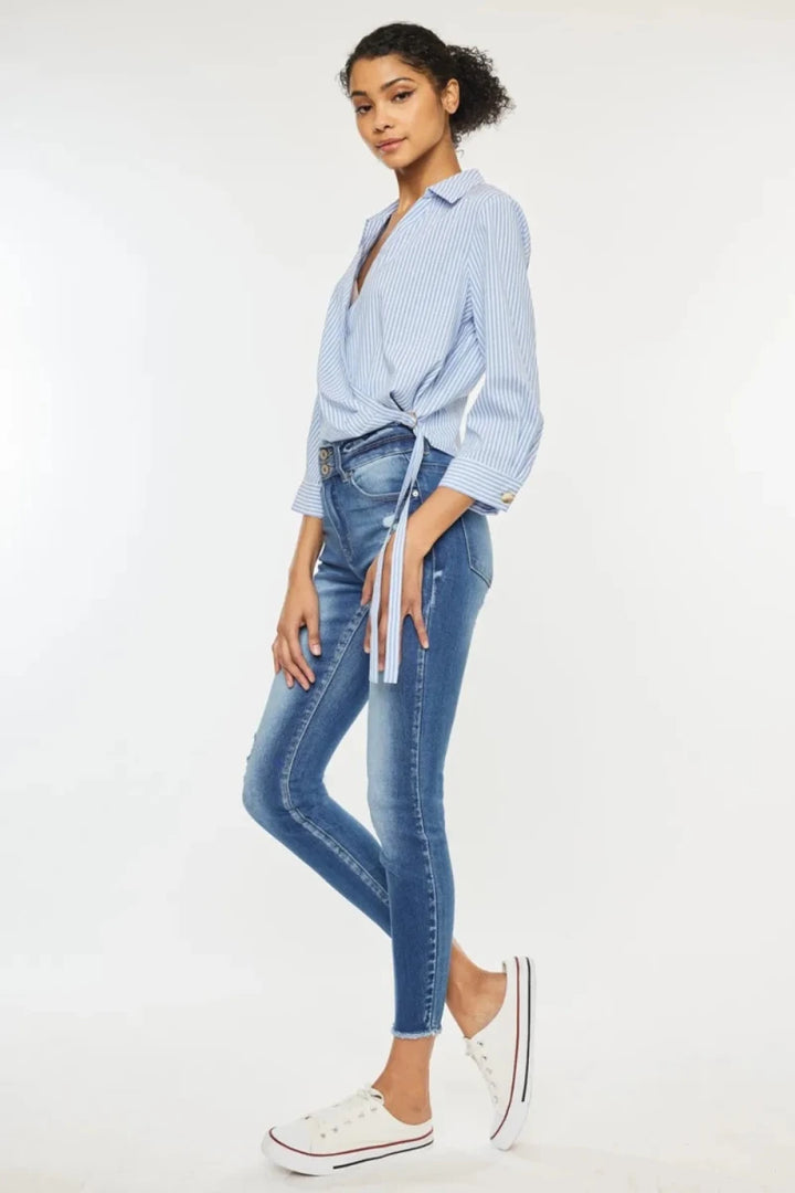 Kancan Distressed High Waist Raw Hem Jeans - AMVIM