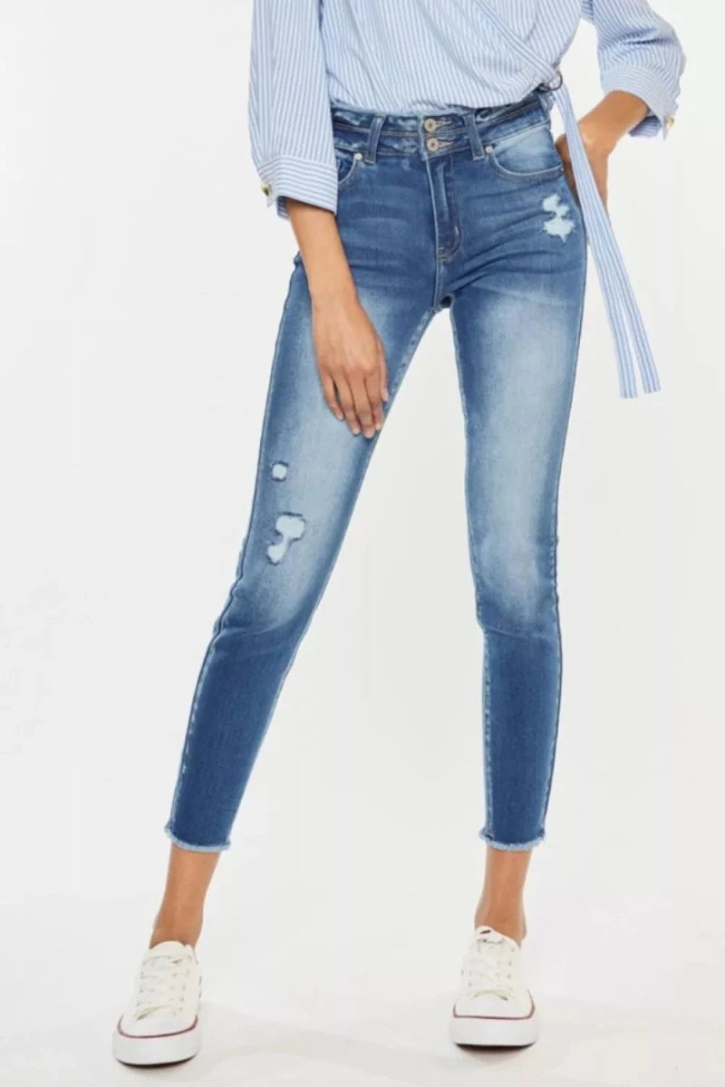 Kancan Distressed High Waist Raw Hem Jeans - AMVIM