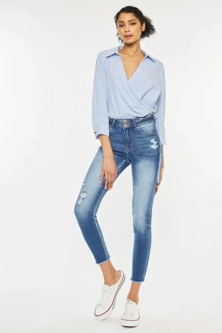 Kancan Distressed High Waist Raw Hem Jeans - AMVIM