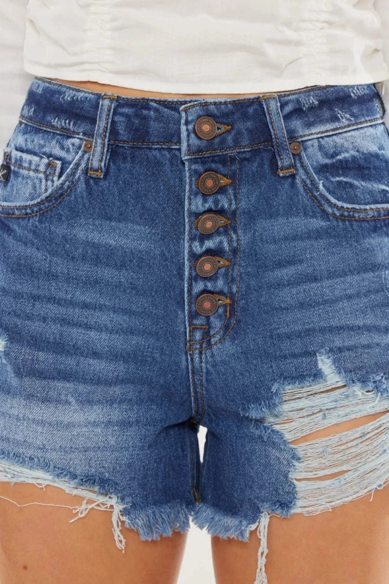 Kancan Distressed High - Waisted Button - Fly Denim Shorts - AMVIM
